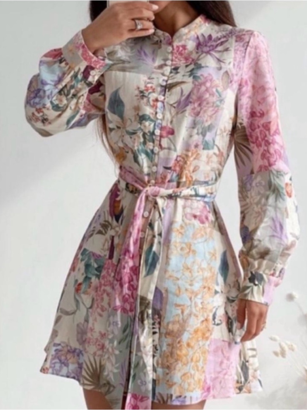 Zara Pastel Floral Long-Sleeve Button Dress